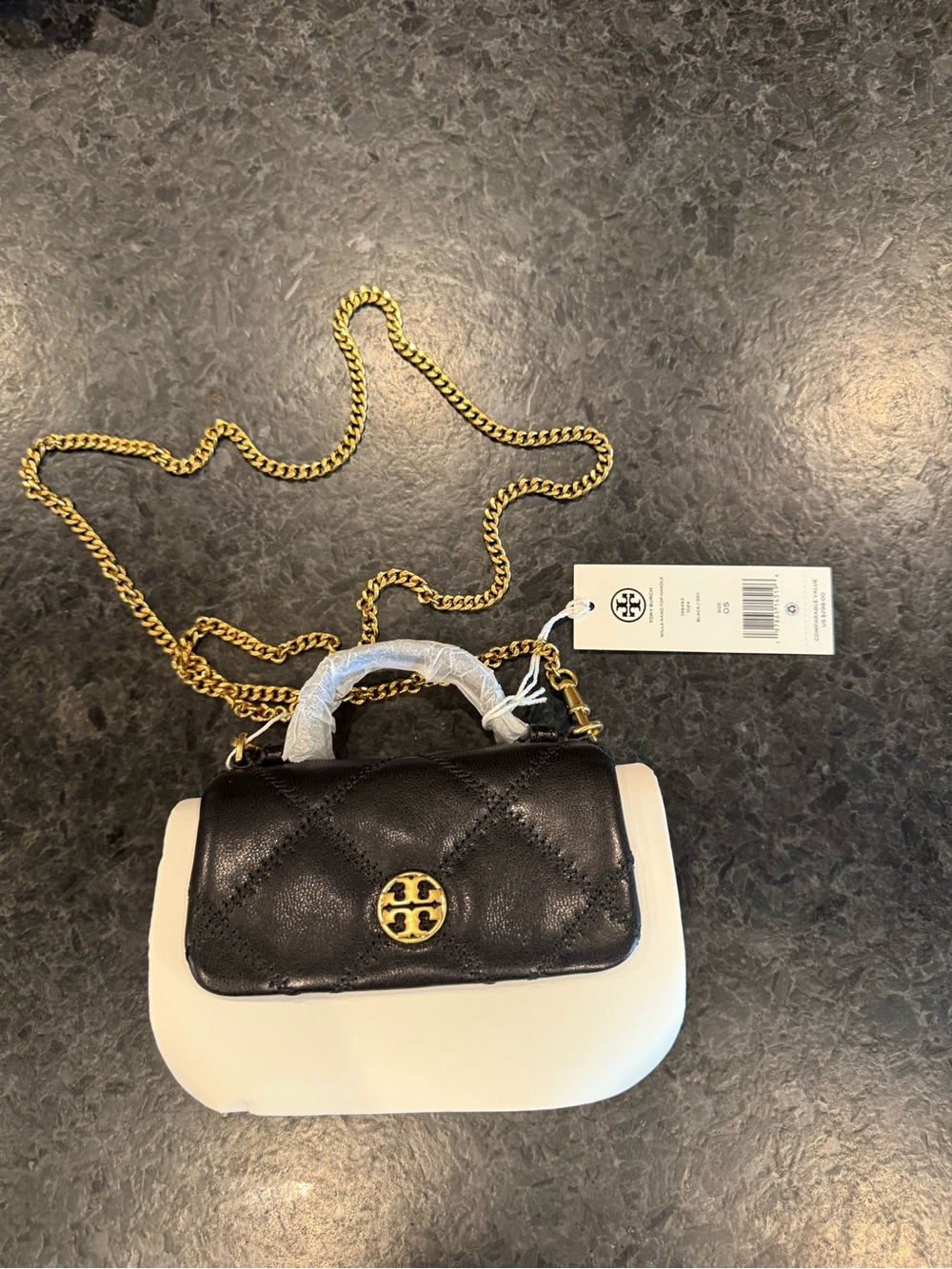 NWT Tory Burch Black Quilted Nano Top-Handle Bag with Gold Logo
